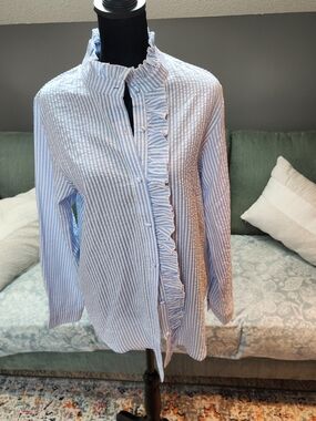 SHEIN Blue and White Striped Ruffle Button-Up Shirt Size Medium
